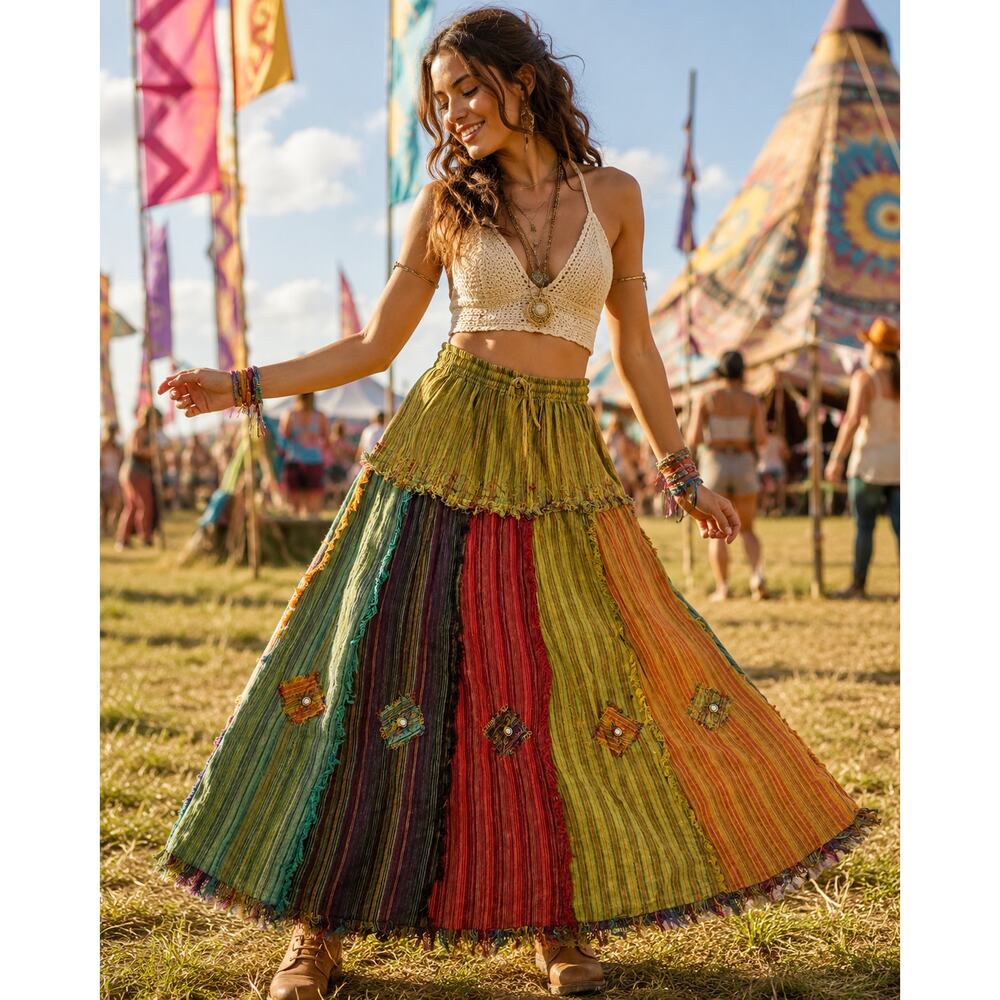 Gypsy Rose Patchwork Maxi Skirt Free Size Cotton Boho Multicolor Elastic Waist